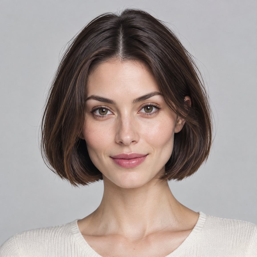 AI preview (fictional model): a chin-length bob on a diamond face.