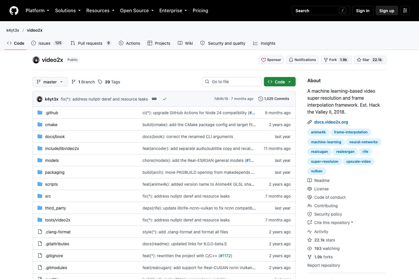 The Video2X repository on GitHub, captured 10 October 2026: its topics list the models it wraps (Anime4K, Real-CUGAN, Real-ESRGAN) and RIFE for frame interpolation.