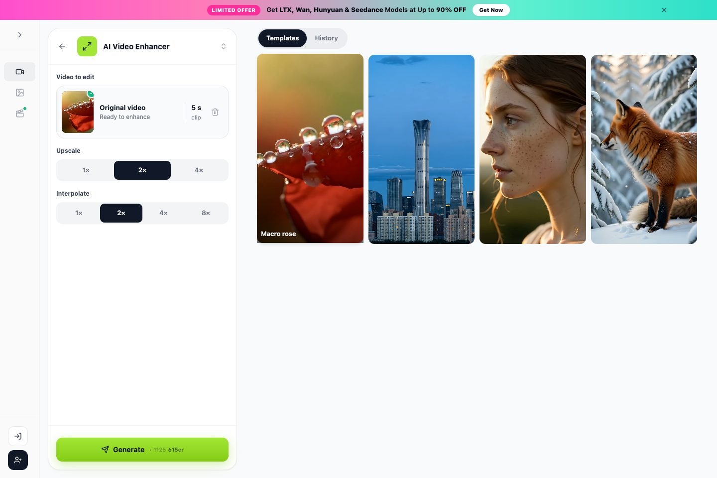 The AI Video Enhancer in the LazyKiwi workbench with a sample clip loaded: choose 2x or 4x upscale and frame interpolation, and the credit price shows on the Generate button.