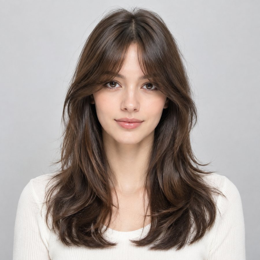 AI preview (fictional model): curtain bangs on an oblong face.