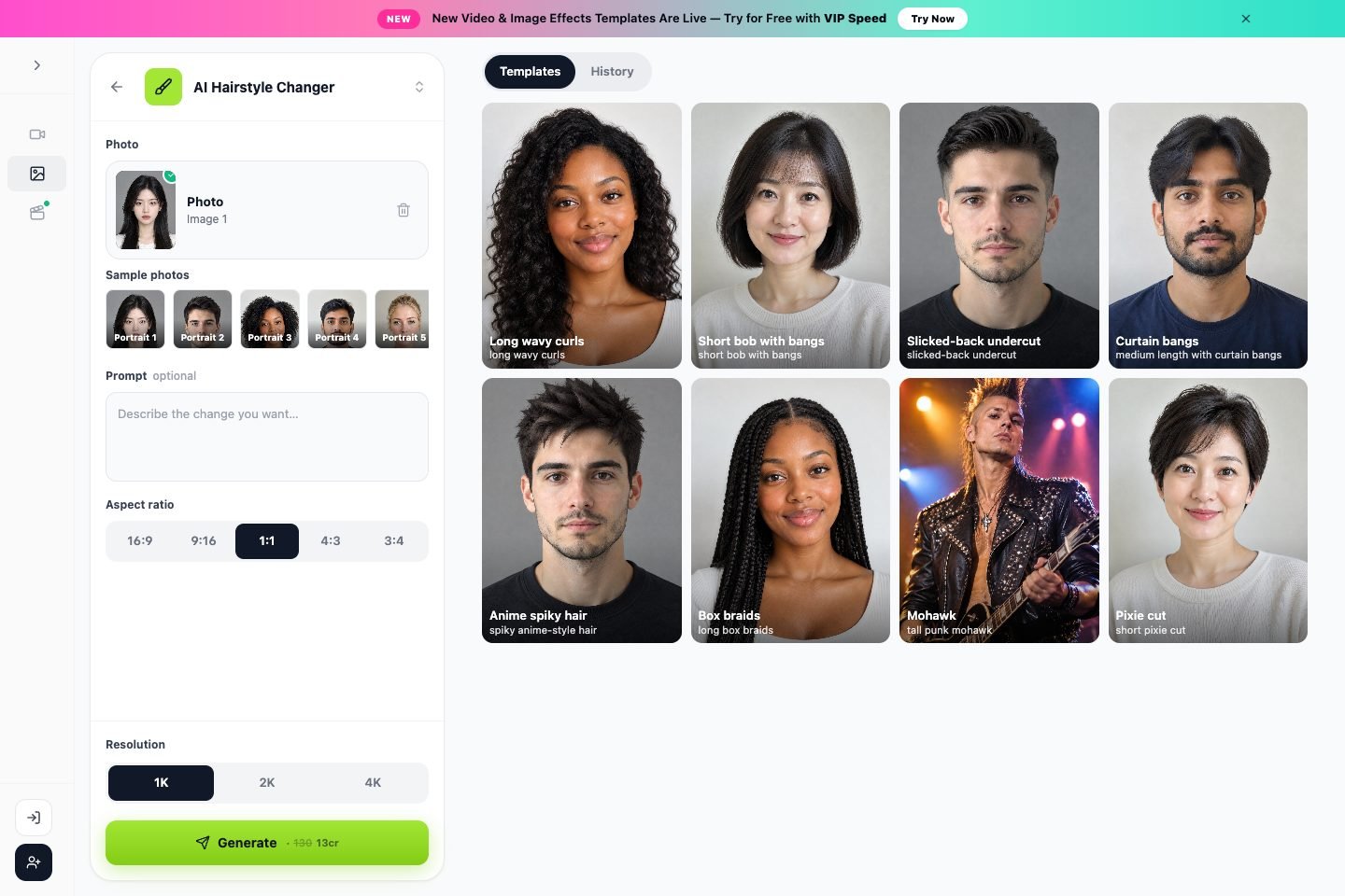 The AI Hairstyle Changer in the LazyKiwi workbench with a sample portrait loaded: describe a cut in the prompt, and the credit price shows on the Generate button.