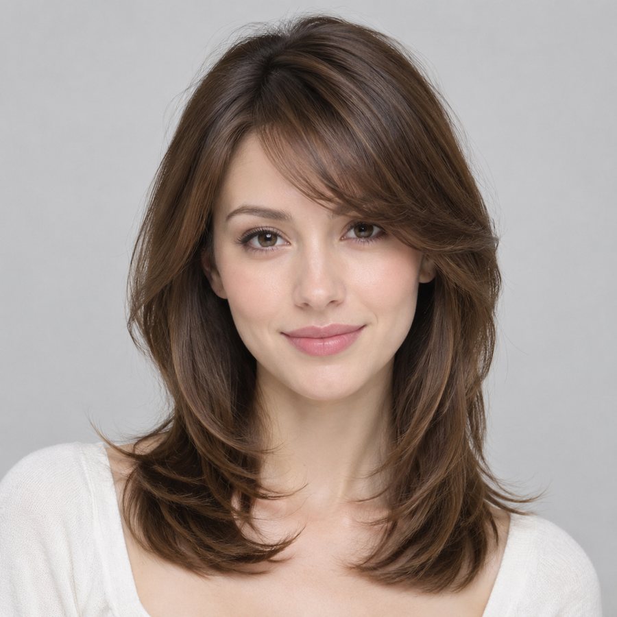 AI preview (fictional model): side-swept bangs on a heart face.