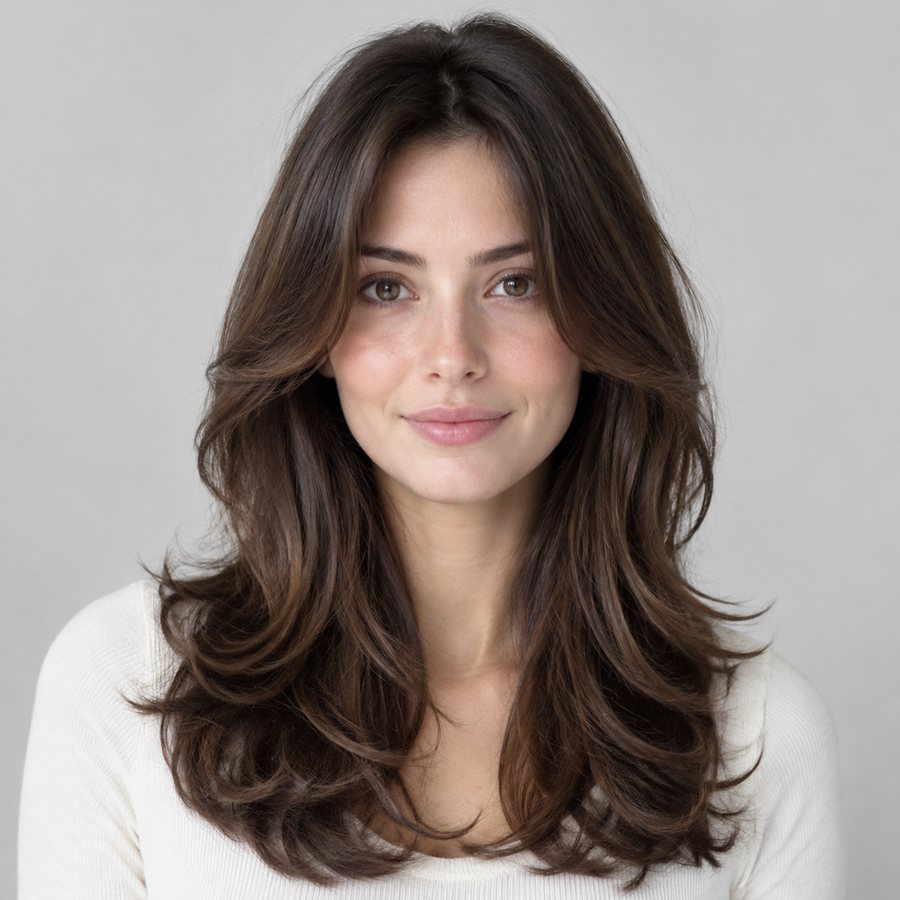 AI preview (fictional model): long layers on an oval face.