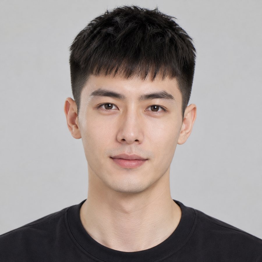 AI preview (fictional model): a short crew cut with a fringe on an oblong face.