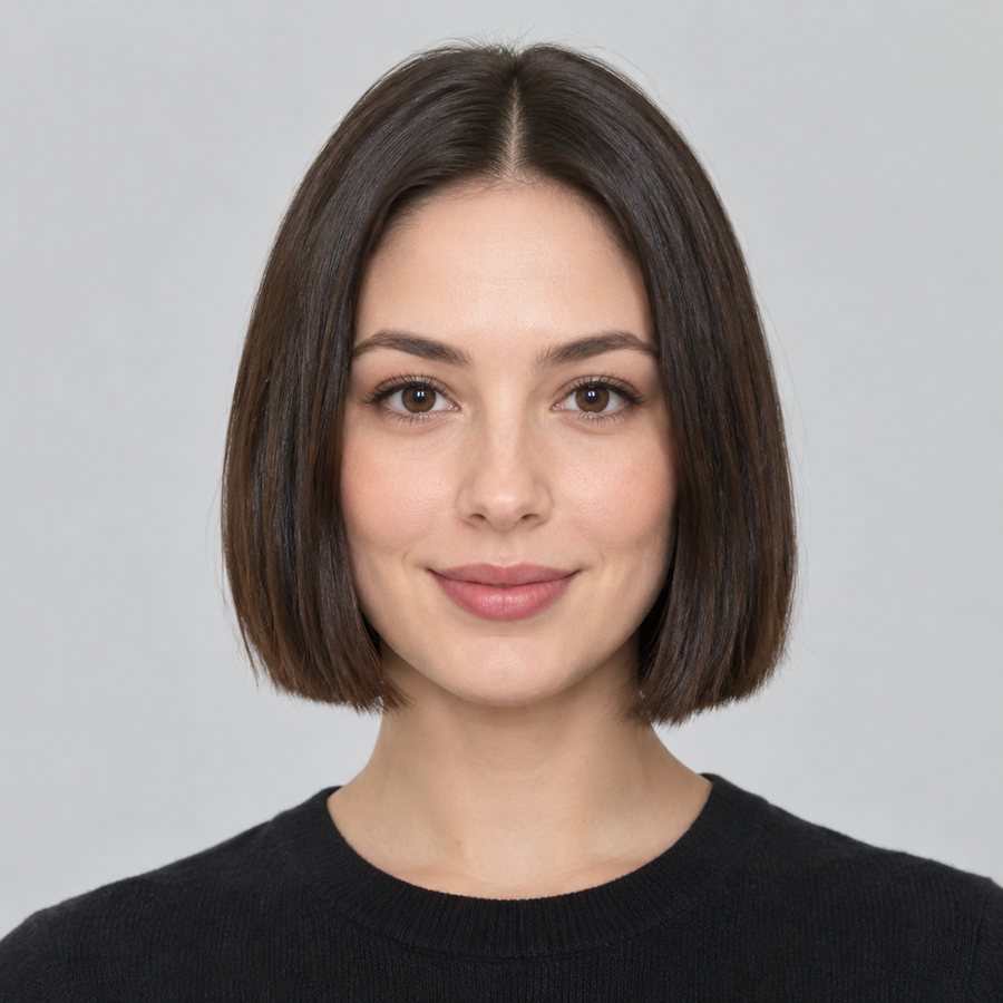 AI preview (fictional model): a blunt bob on an oval face.