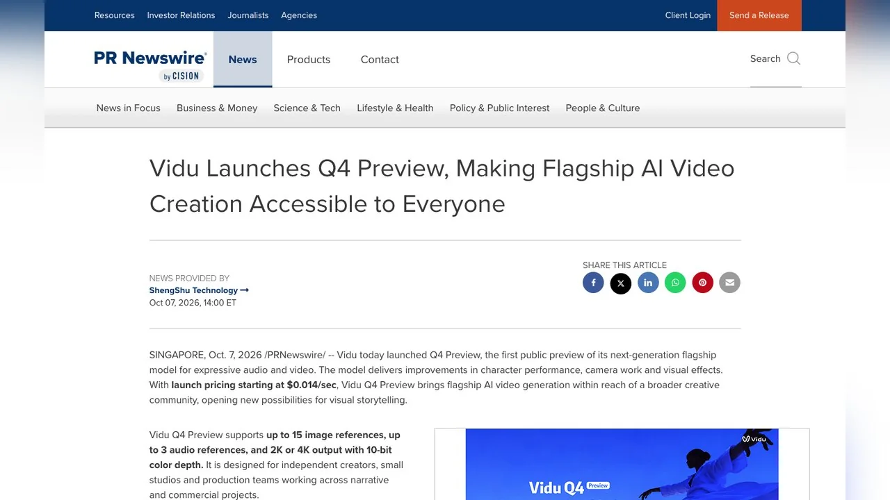 The PR Newswire release of 7 October 2026, which opens with the $0.014 per second launch price.
