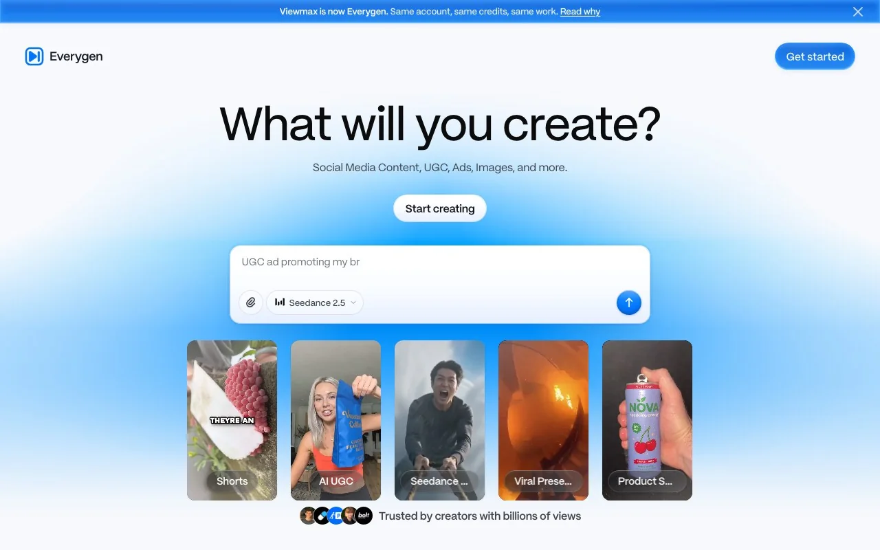 everygen.ai on 13 October 2026, with the banner "Viewmax is now Everygen. Same account, same credits, same work."