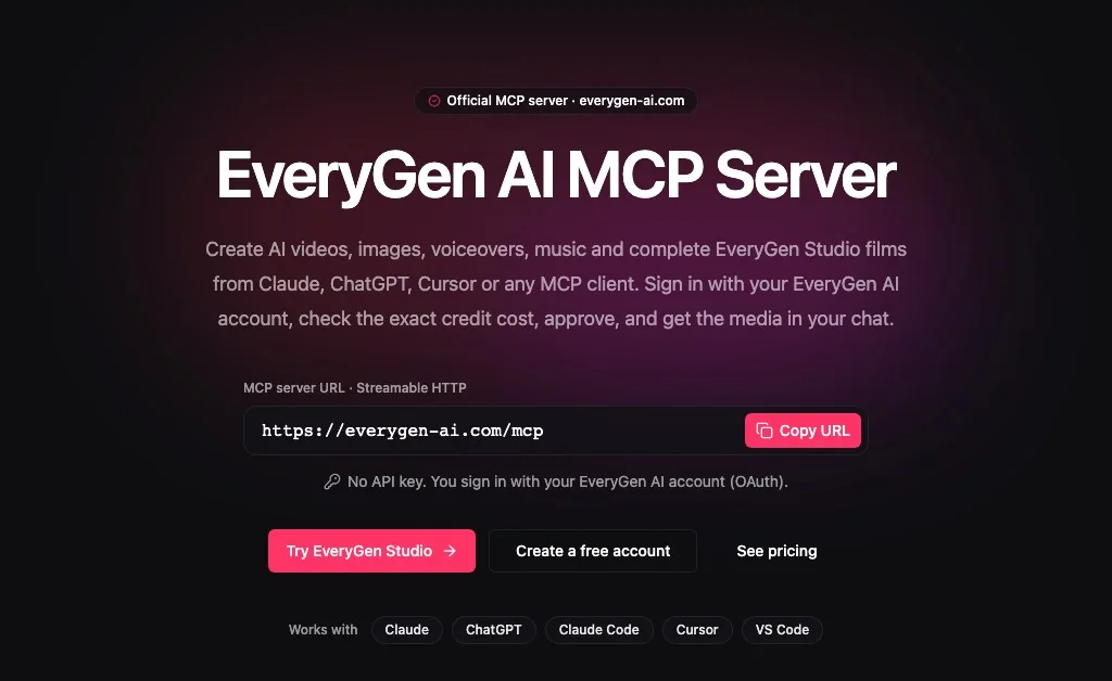 The everygen-ai.com MCP page: one server URL, OAuth sign-in with no API key, and Claude, ChatGPT, Claude Code, Cursor and VS Code listed.