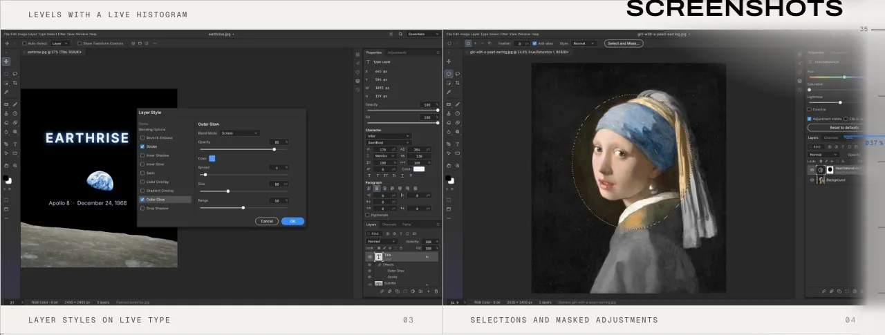 Two of the official PhotoCraft screenshots: a Layer Style dialog on live type, and an elliptical selection with a masked Hue/Saturation adjustment.