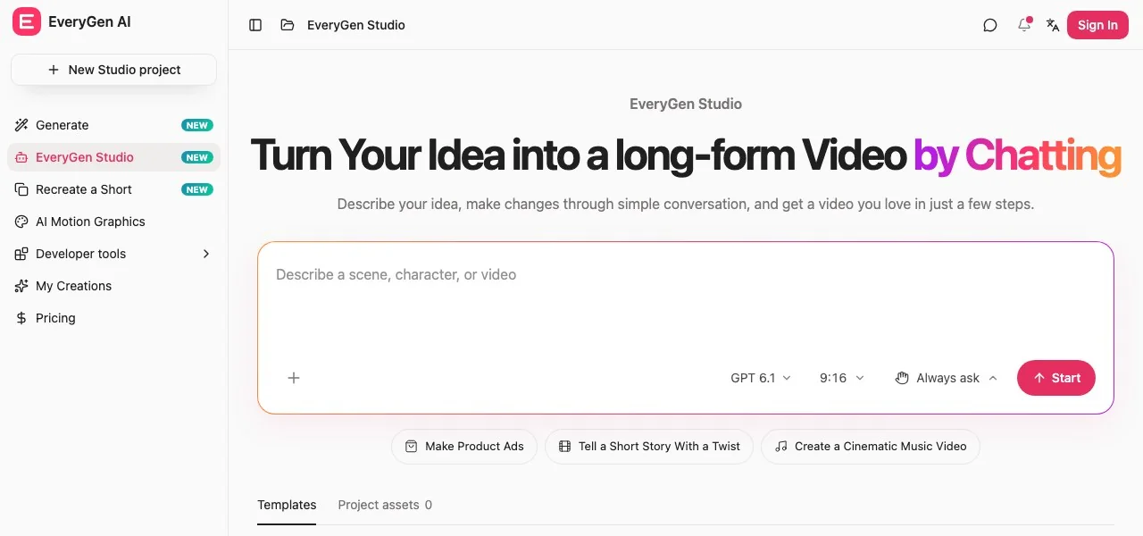 The EveryGen Studio start screen: a prompt box, a model selector, aspect ratio, and a confirmation mode set to "Always ask" before paid steps.