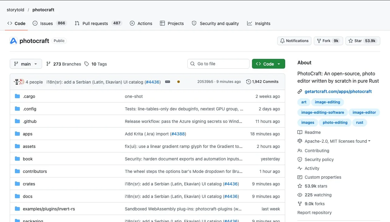 The storytold/photocraft repository on 13 October 2026: about 53.9k stars, 9k forks, and Apache-2.0 and MIT licence files.
