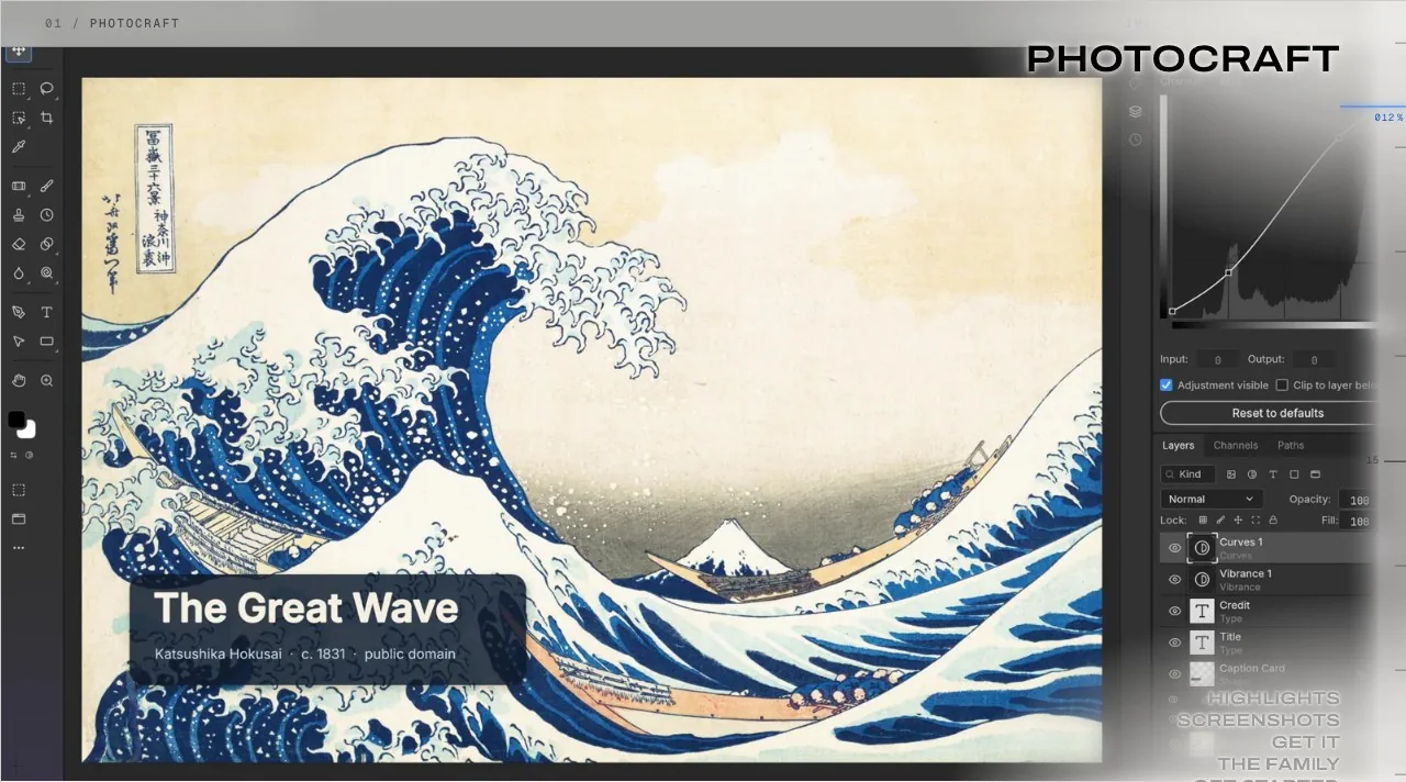 The official PhotoCraft page on getartcraft.com, showing the app with a Curves adjustment and type layers in the Layers panel (screenshot taken 13 October 2026).
