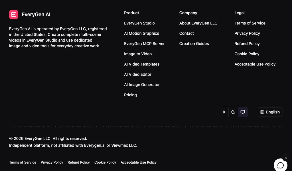 The footer of everygen-ai.com on 13 October 2026: operated by EveryGen LLC, "Independent platform, not affiliated with Everygen.ai or Viewmax LLC."