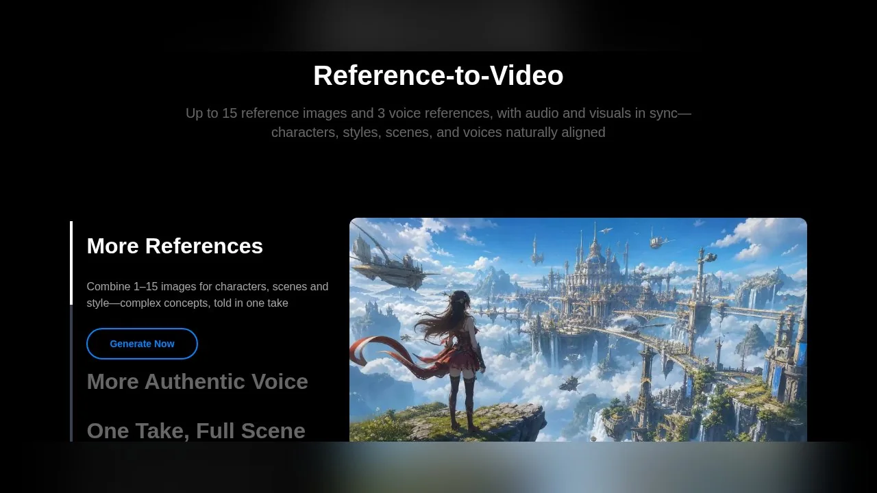 The Reference-to-Video section of the official page: up to 15 reference images and 3 voice references.