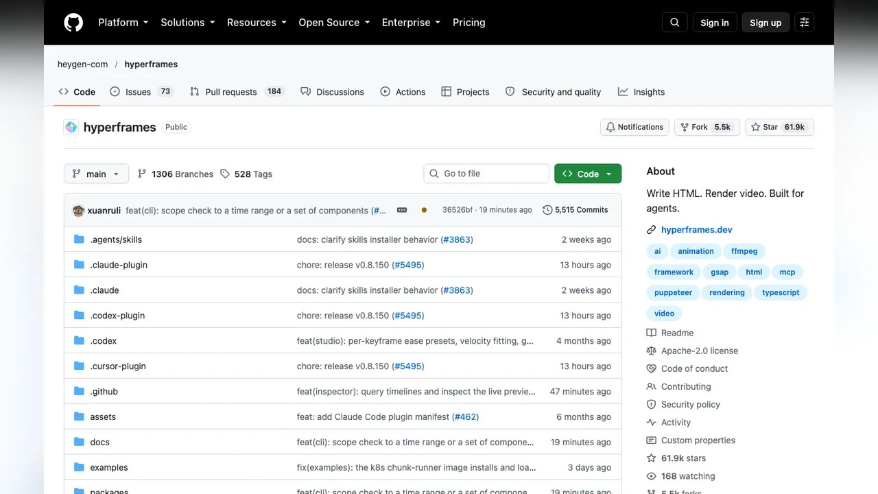The HyperFrames repository on GitHub, captured 13 October 2026, with its tagline in the About panel.