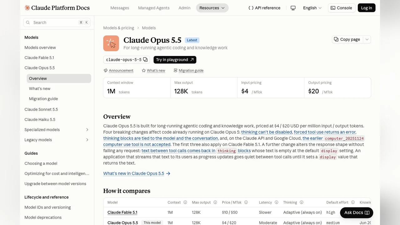 The Claude Opus 5.5 model page in Anthropic's platform docs, showing the 1M context window and $4 / $20 pricing.