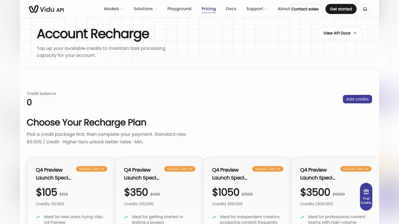 Launch credit packs on the Vidu API platform, shown at 30% off on 13 October 2026.