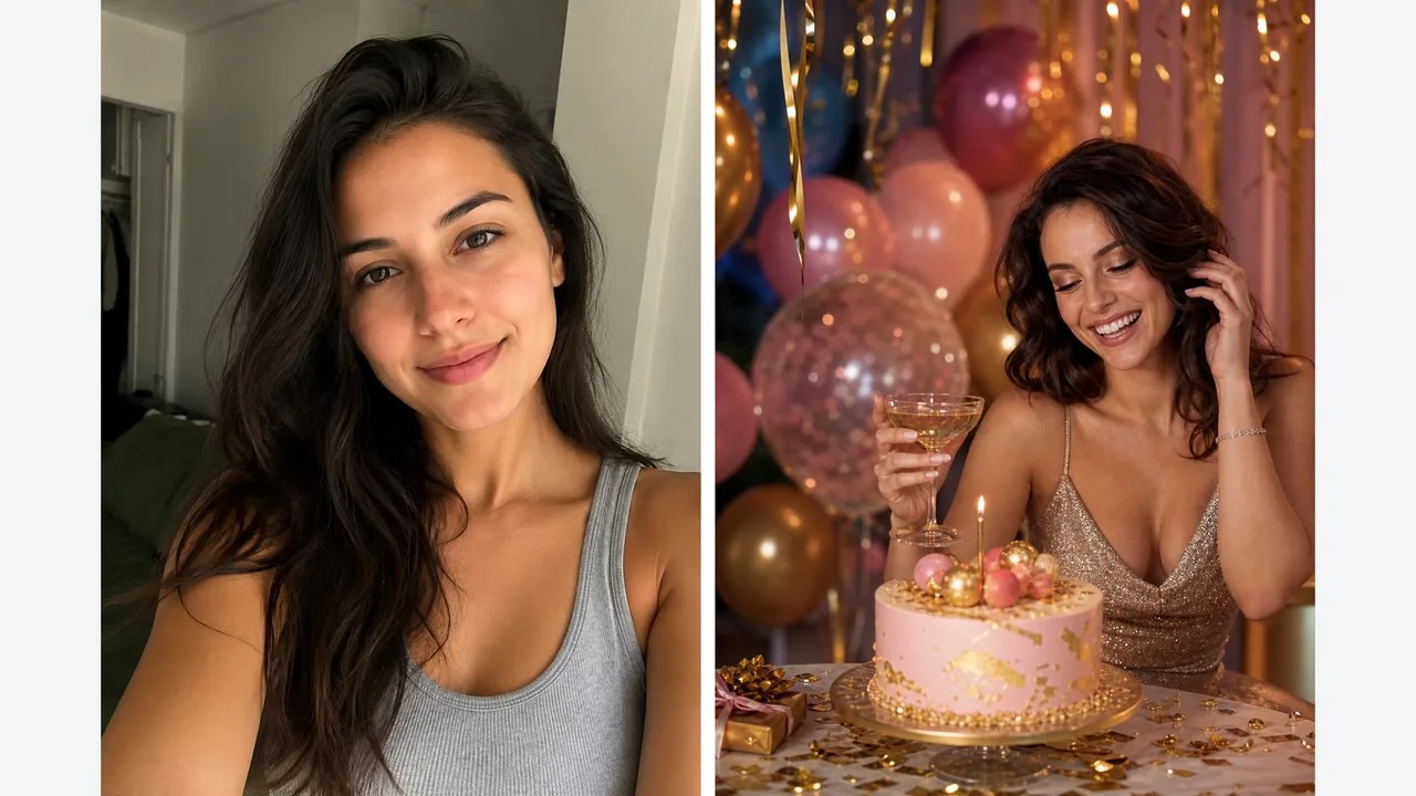 Before-and-after sample from LazyKiwi's AI birthday photoshoot template page: one selfie turned into a birthday scene. Shown as the page's sample, not one of the prompts above.