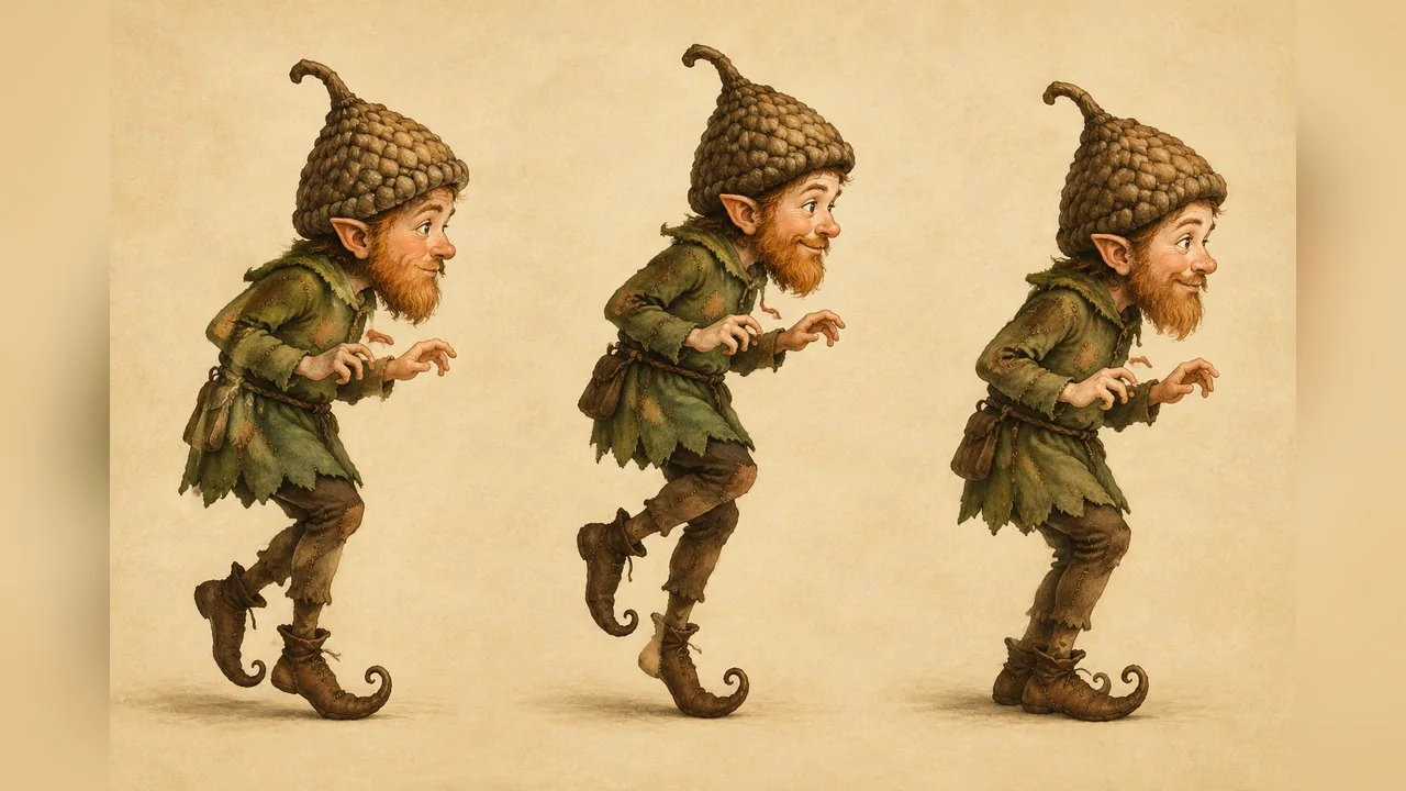 Original illustration made for this article: a made-up imp character in three tiptoe poses. Not taken from the viral clip.