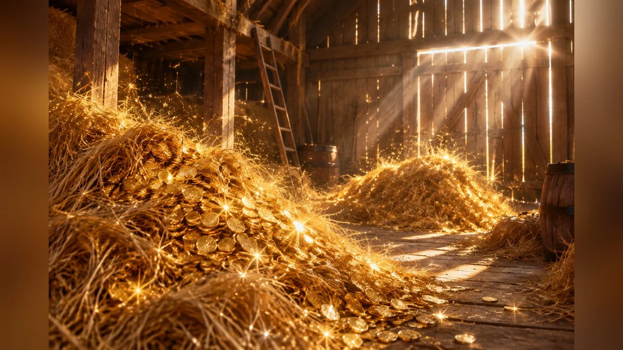 Illustration made for this article: straw turning into gold coins in an empty barn, the fairy-tale beat the clip ends on.
