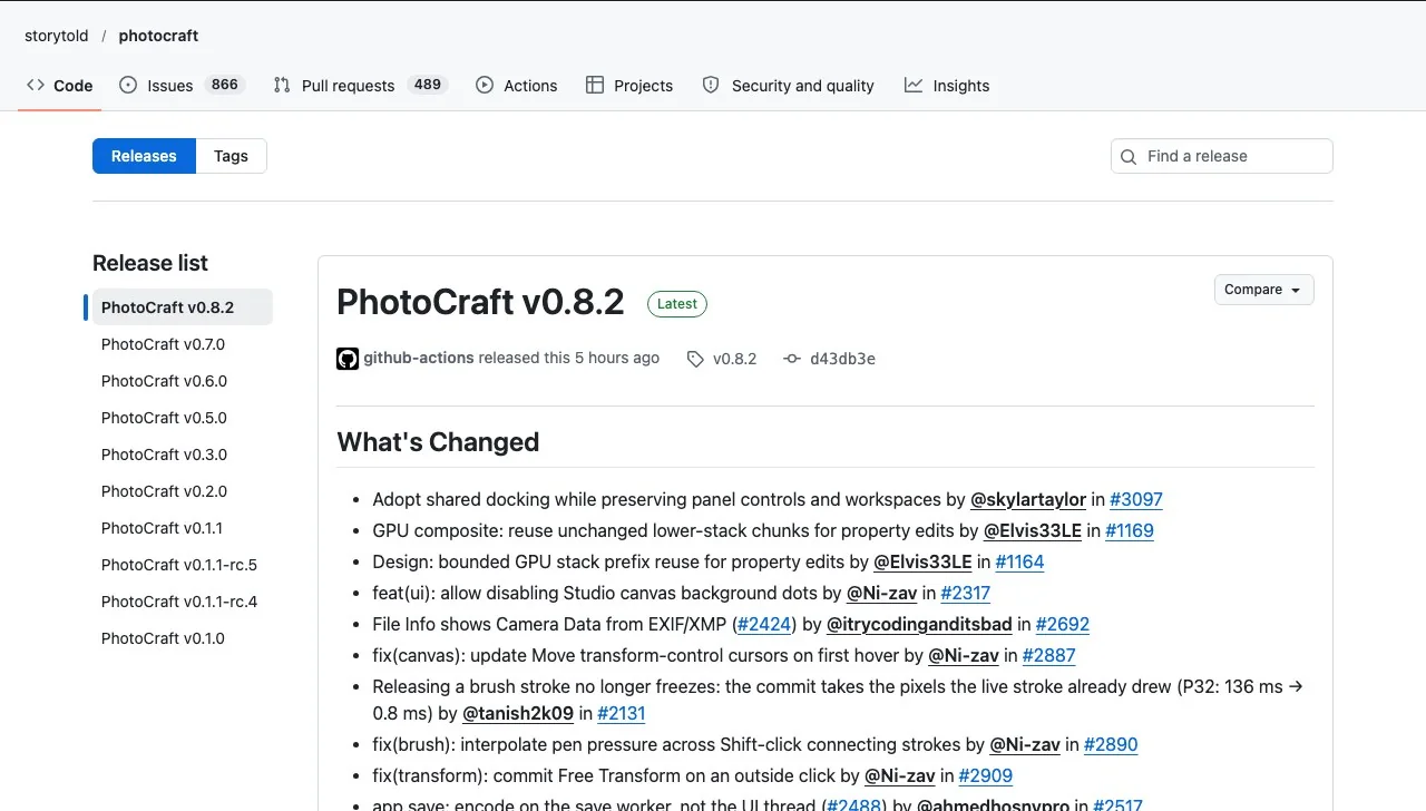 The PhotoCraft releases page: v0.8.2 marked Latest, with earlier builds back to v0.1.0 in the release list.