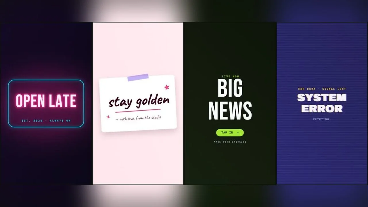 Four real preset renders from the LazyKiwi animated text generator (neon, sticky note, big news, glitch), from the montage on its tool page, rearranged into one row.