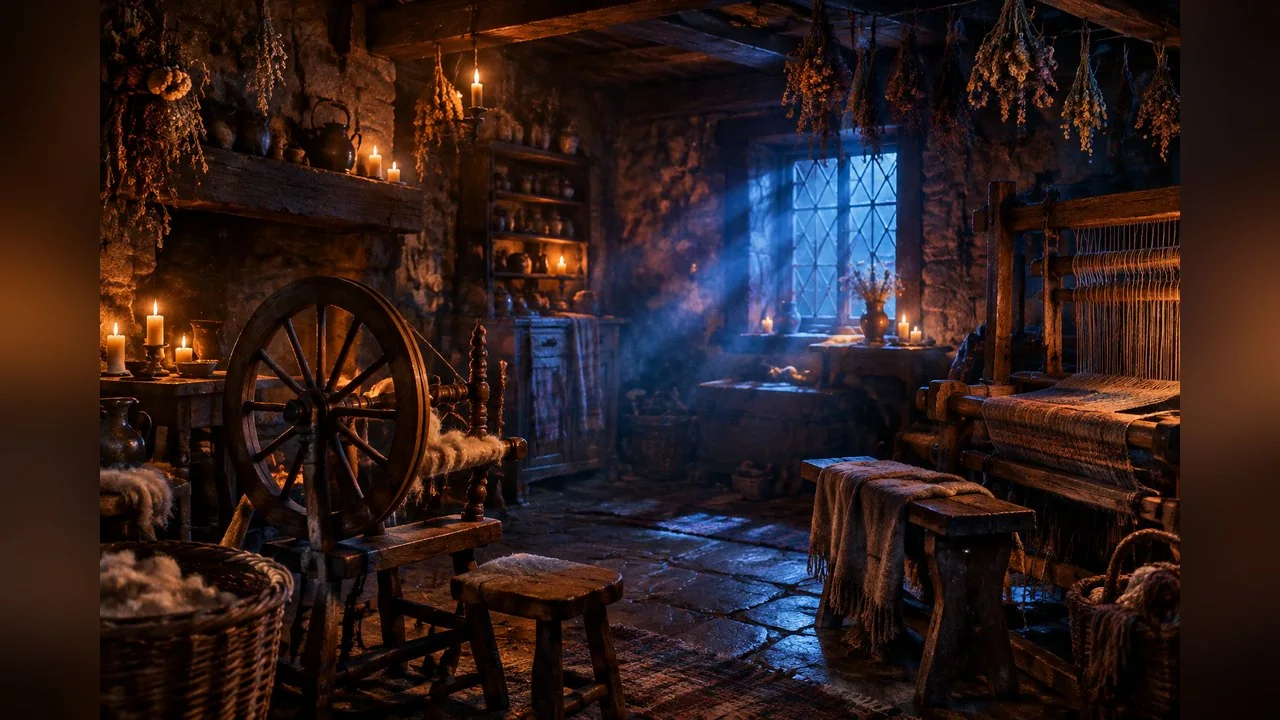 Illustration made for this article of the 1980s practical-effects look the clip imitates: a candle-lit cottage set, no characters.