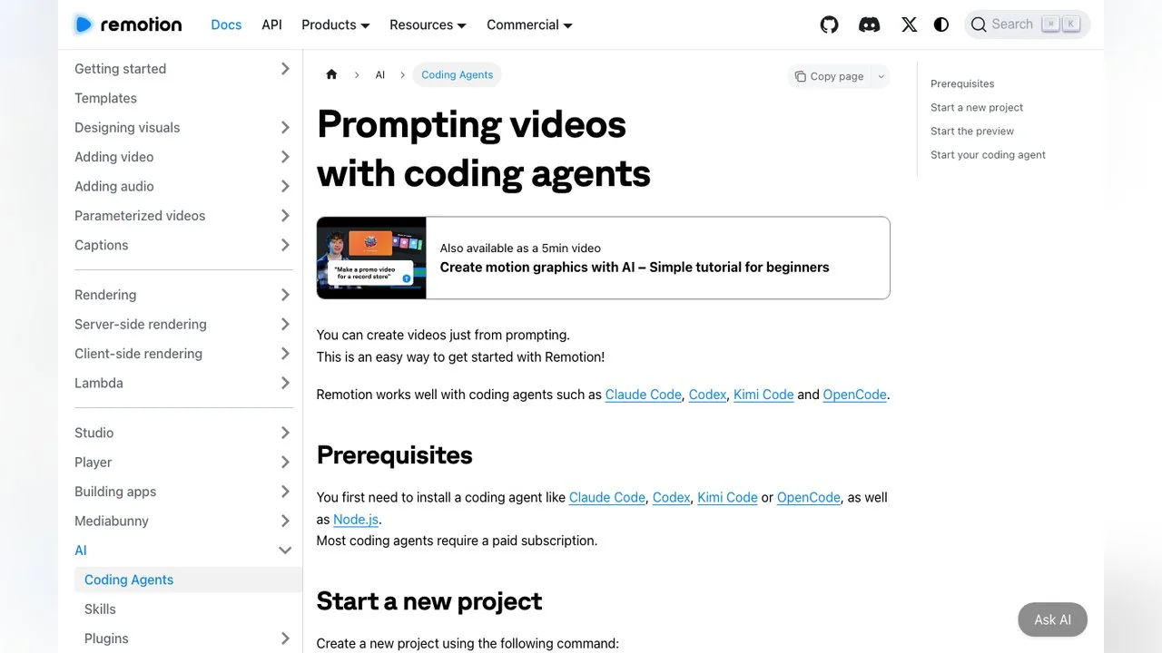 Remotion's guide to prompting videos with coding agents, captured 13 October 2026.