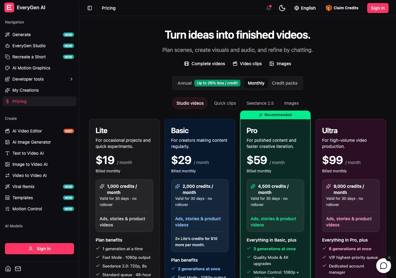 everygen-ai.com pricing, monthly view: Lite $19, Basic $29, Pro $59 and Ultra $99, each with a credit allowance that expires after 30 days.