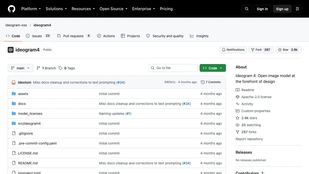 The ideogram-oss/ideogram4 repository on GitHub, where Ideogram published the open weights and inference code for Ideogram 4 (the previous model).