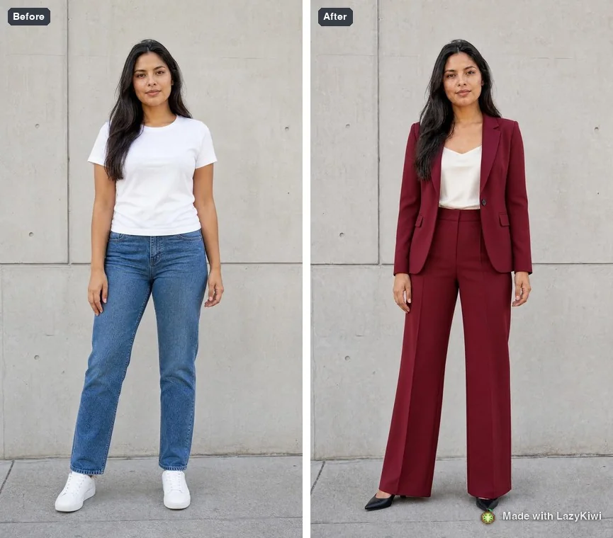 A before-and-after from LazyKiwi's AI Clothes Changer: the same person and pose, with the outfit swapped. This is the kind of generative edit PhotoCraft does not attempt.