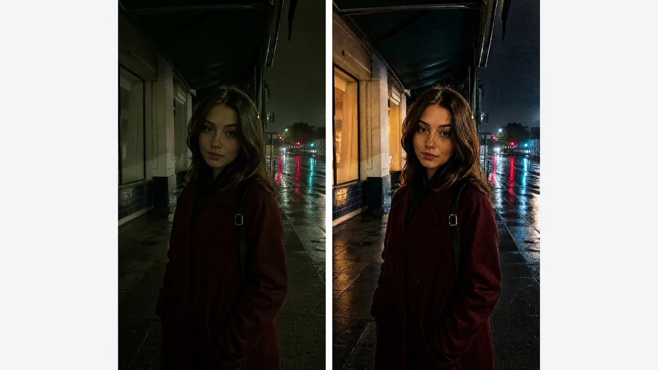Before-and-after sample from LazyKiwi's AI photo editor page: a dark street portrait brightened by a described edit. A single edit, not a multi-turn drift test.