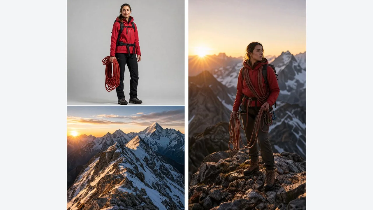 Before-and-after sample from LazyKiwi's AI image combiner page: a subject photo and a mountain scene merged into one picture. Shown for the merge workflow, not as a Nano Banana result.
