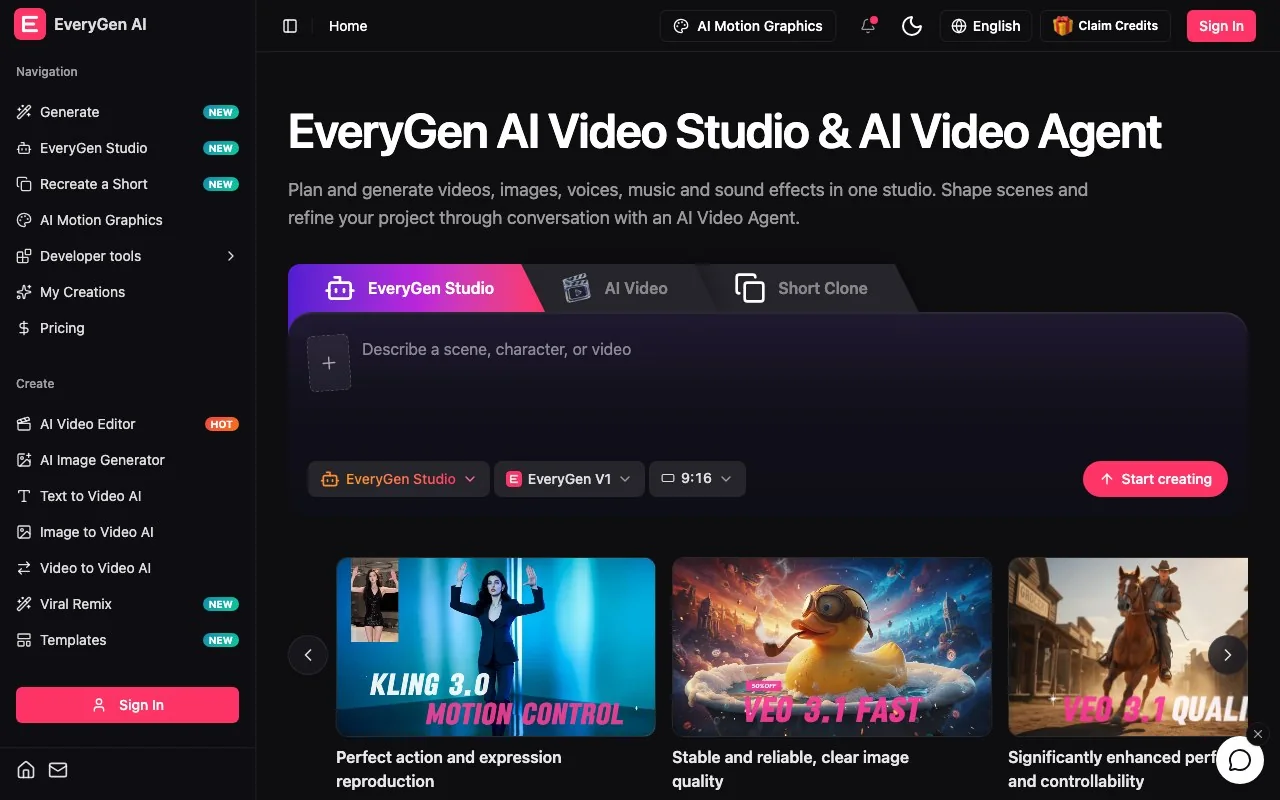 The everygen-ai.com homepage: EveryGen Studio, AI Video and Short Clone tabs, with Motion Control and Veo 3.1 cards below.