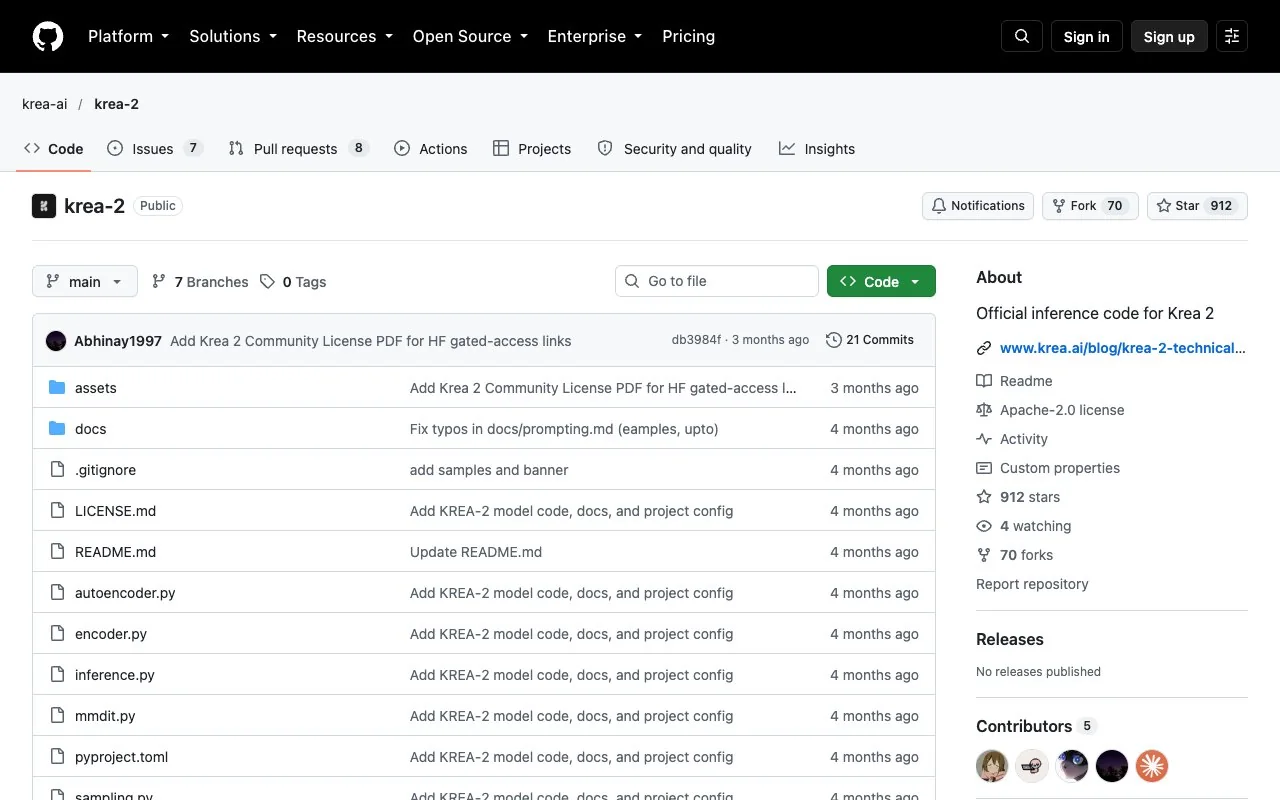 The krea-ai/krea-2 repository on GitHub, captured October 15, 2026: official inference code for the RAW and Turbo checkpoints.