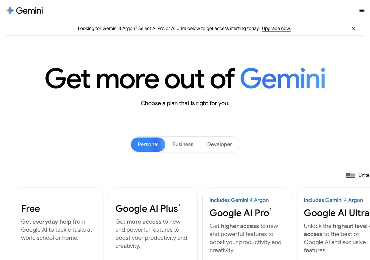 Google's Gemini subscription page on 15 October 2026: Free, Google AI Plus, AI Pro and AI Ultra, each described as a level of access rather than an image count.