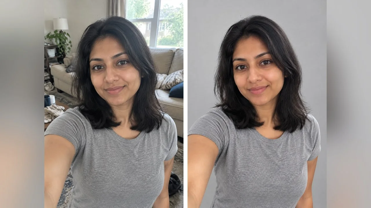 Prompt 5: the living room becomes a light-grey seamless backdrop with a soft shadow kept under the chin and hair. Nothing on the subject changes, which makes this the safest background prompt to start with.