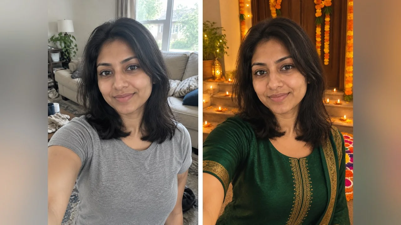 Prompt 18: the living room becomes a doorway with lit diyas on the steps, a marigold garland and a rangoli, and the t-shirt becomes an emerald kurta with a gold border. Face, hair and the small smile carry over from the original.