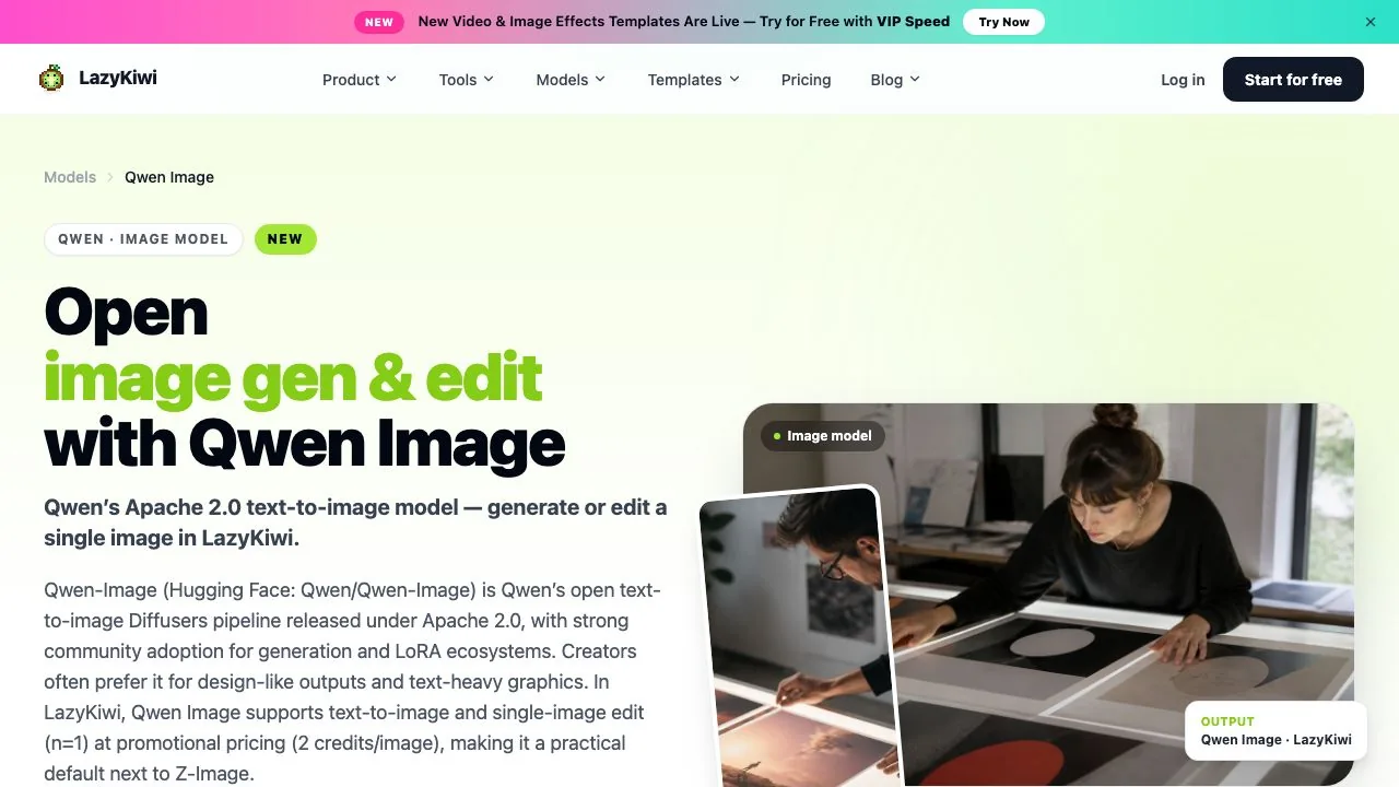 The Qwen Image model page on LazyKiwi, which describes the model as Qwen's Apache 2.0 text-to-image model for generation and single-image edits next to Z-Image.