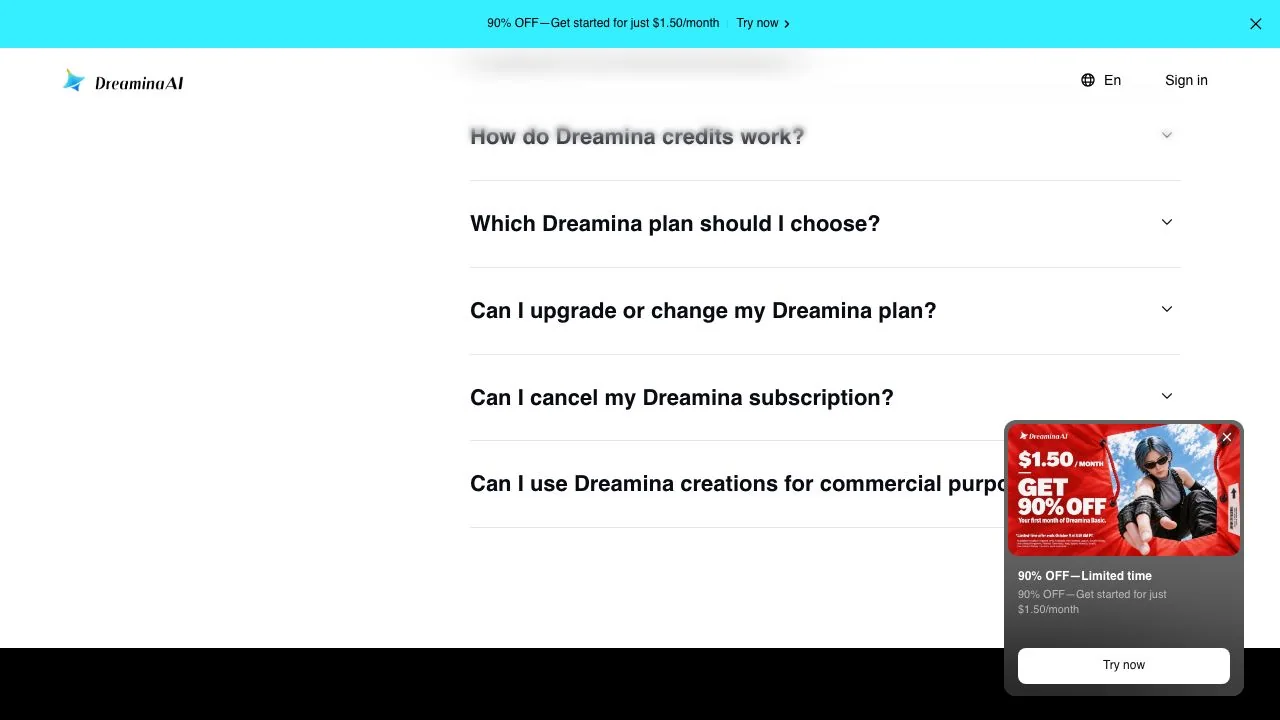The FAQ on the Dreamina pricing page: free use, how credits work, plan changes, cancellation and commercial use.