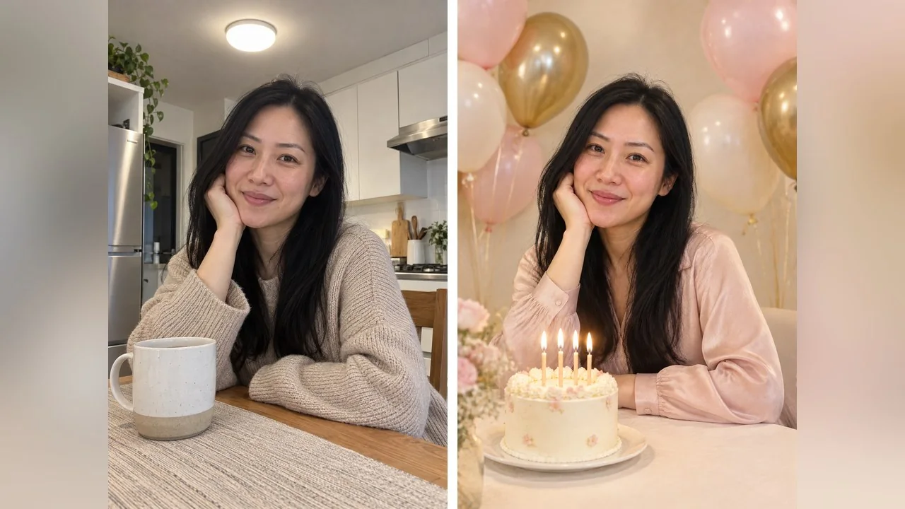 Cake studio render from the kitchen-table picture: a cream backdrop, a white cake with four lit candles, pink and gold balloons and a blush satin blouse. The hand-on-cheek pose survived from the original.