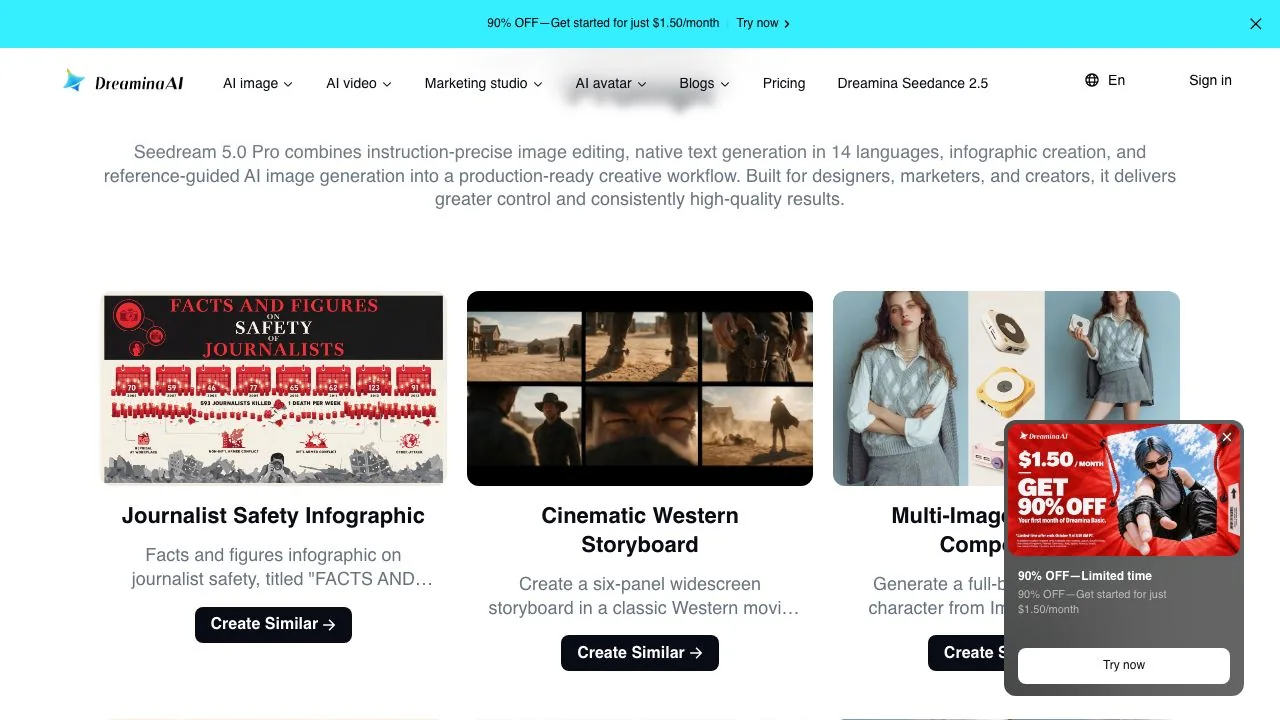 The Seedream 5.0 Pro page on Dreamina with its three sample use cases: an infographic, a six-panel Western storyboard and a multi-image character composite.