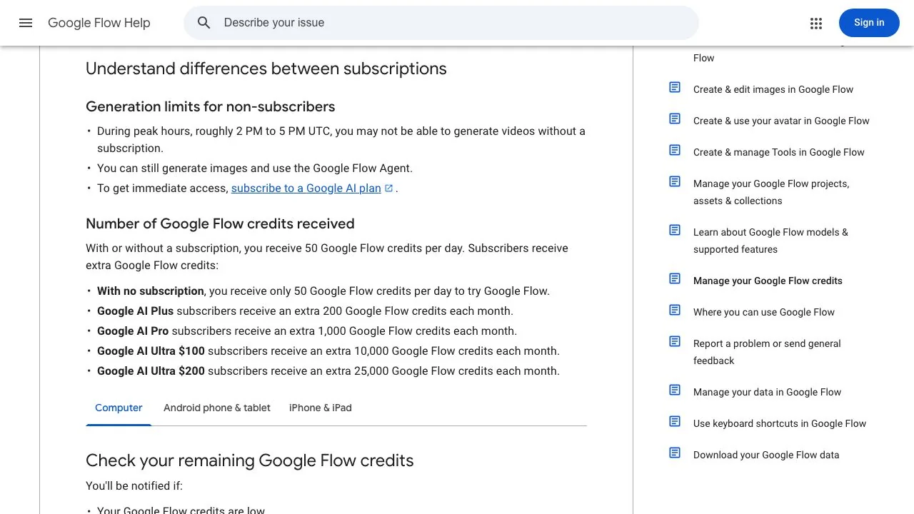 The Manage your Google Flow credits article: 50 credits a day for everyone, plus 200, 1,000, 10,000 or 25,000 a month by plan, and the peak-hours note for non-subscribers.