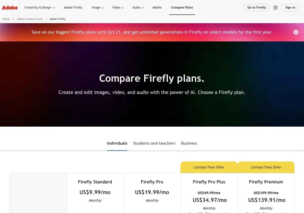 Adobe Firefly's plan comparison, captured 15.10.2026: credit allowances for the four tiers.