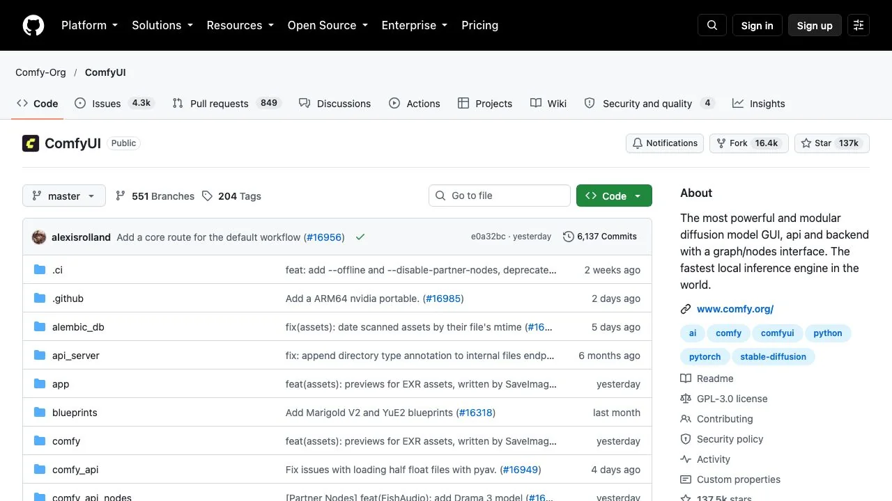 The Comfy-Org/ComfyUI repository on GitHub on 15 October 2026, with the star count and the GPL-3.0 licence in the sidebar.