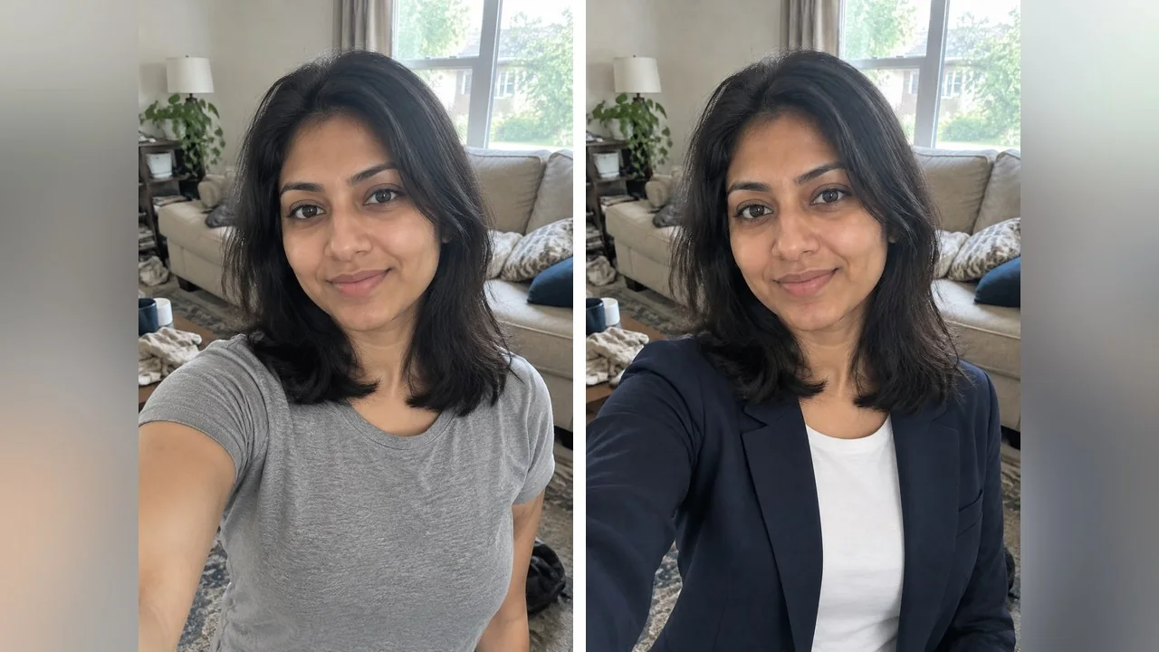 Prompt 9: the grey t-shirt becomes a navy blazer over a white top with believable collar and shoulder folds, and the room, hair and face stay the same. The quickest route from a casual selfie to a profile picture.