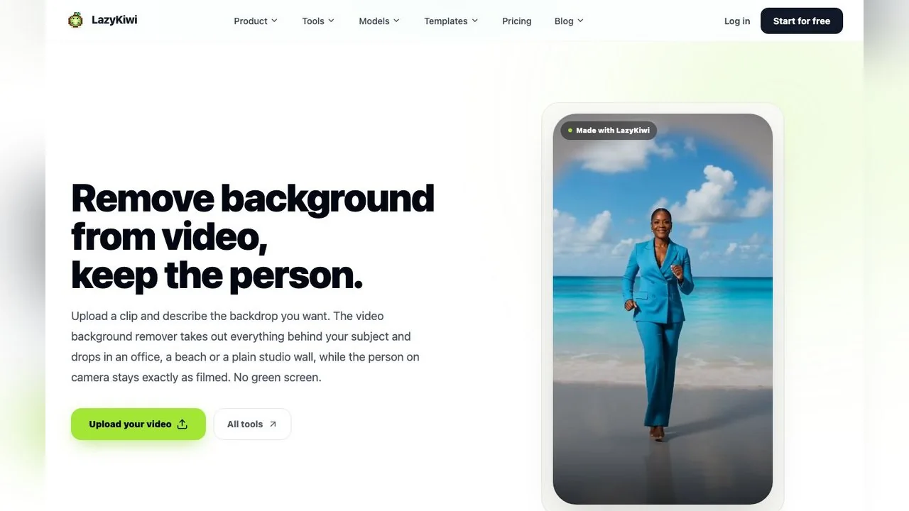 The Video Background Changer page: the subject stays, the backdrop is rebuilt from a prompt or reference photos, output as MP4.