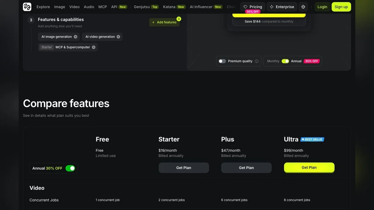 The Compare features table on the same page: the Free column is marked Limited use with one concurrent job, against two, six and eight on the paid tiers.