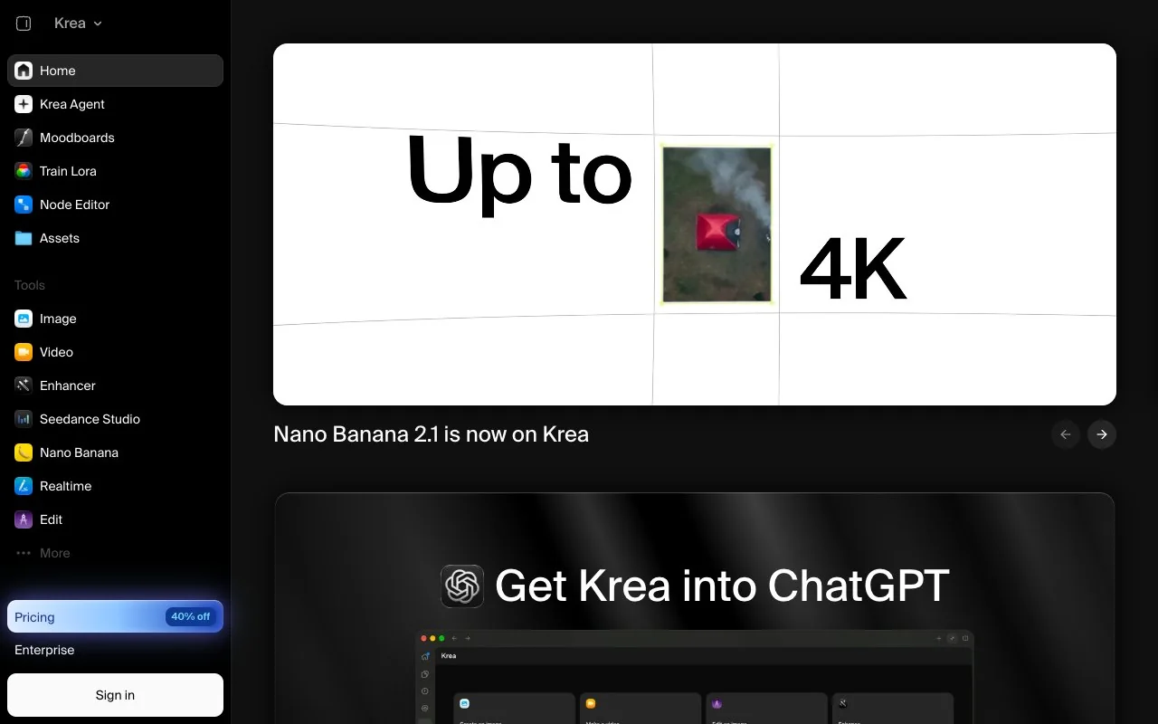 Krea's homepage, captured October 15, 2026, listing the image, video, 3D, enhance and fine-tuning products in one suite.