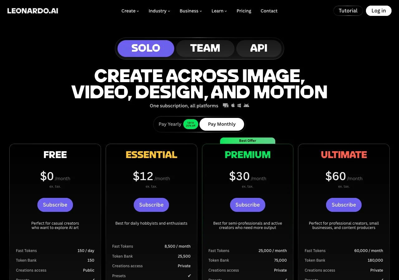 Leonardo.Ai's pricing page on 15 October 2026 in the monthly view: Free, Essential $12, Premium $30 and Ultimate $60 with their fast-token allowances.